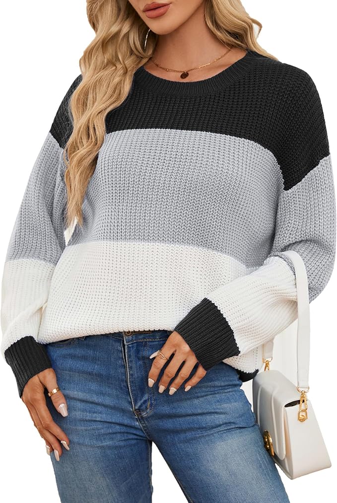 Women's Striped Color Block Sweater Long Sleeve Crewneck Casual Loose Fit Soft Knit Sweater Pullover Tops